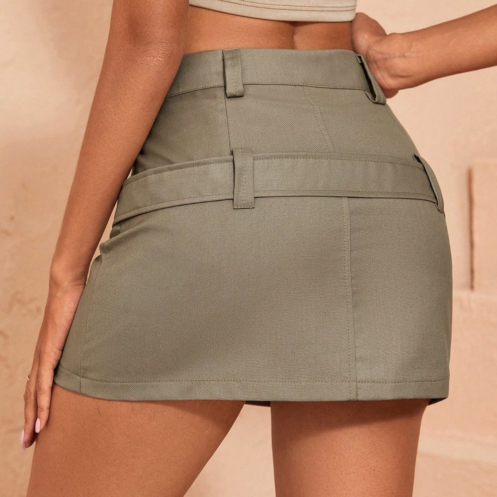 Khaki Casual Womens Flap Pocket Side Belted Cargo Mini Skirt - Picture 4 of 5
